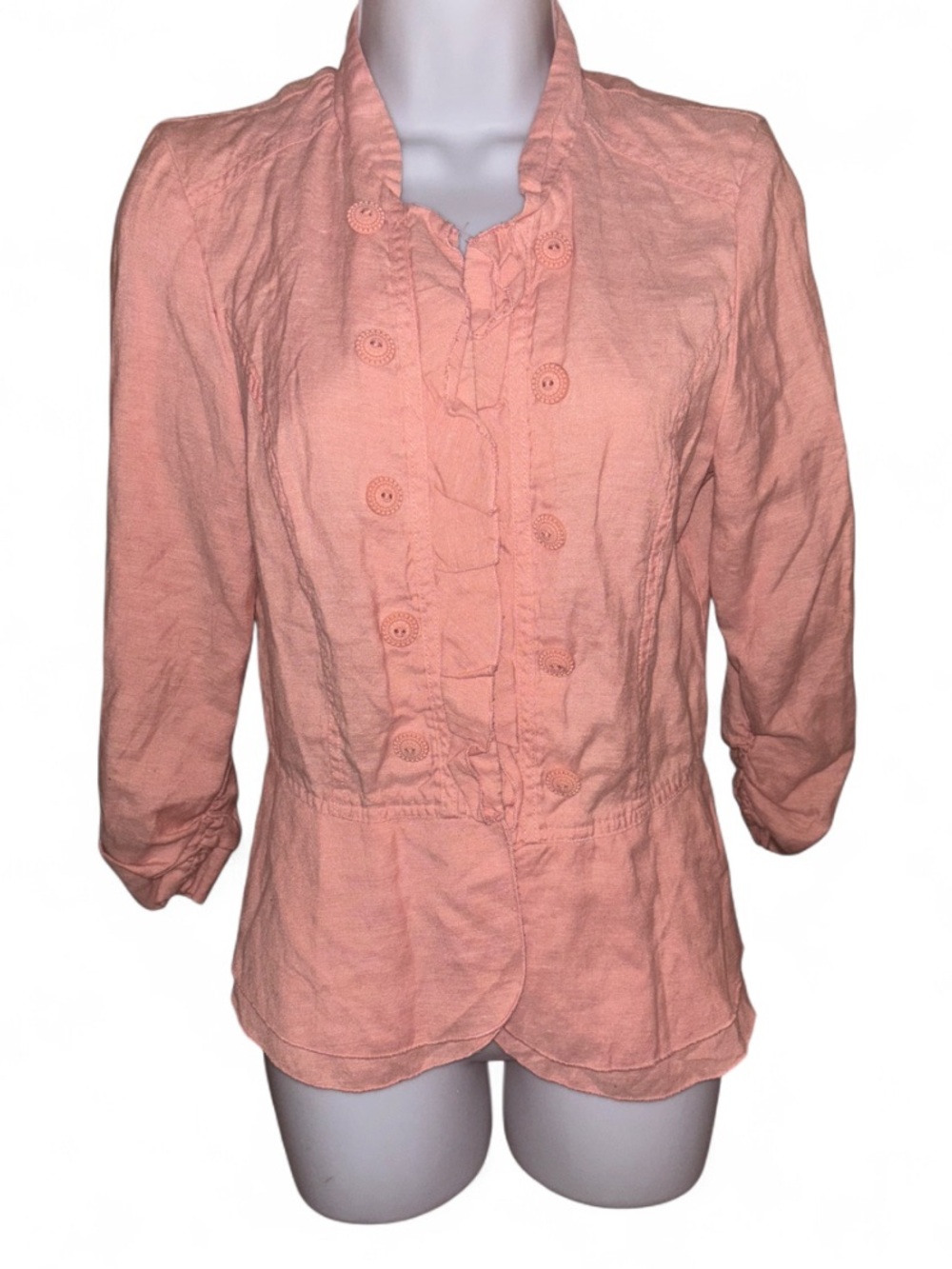 Women's Peach Ruffle-Front Cottage Core Coquette Vintage Lace Button Down Shirt